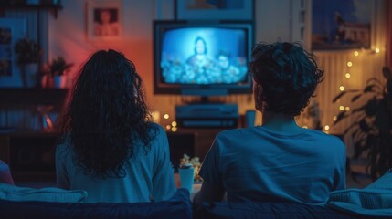 Obraz premium Couple watching a classic 90s movie on VHS