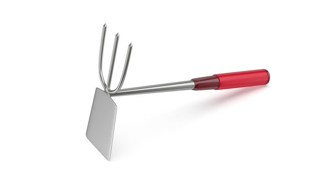 Gardening hoe rake with a red handle on a white background