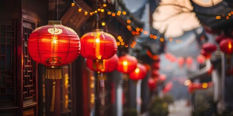 Red lanterns in a Chinese city symbolize the Lantern Festival during New Year. Concept Chinese Culture, Lantern Festival, Red Lanterns, New Year Celebration, Traditional Symbolism