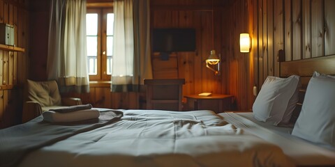 Hotel room in a wooden chalet. Concept Wooden Chalet, Rustic Decor, Cozy Interior, Alpine Getaway