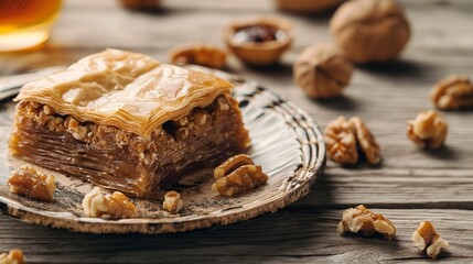 Freshly baked baklava on rustic wooden table, traditional dessert.