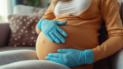 Pregnant Woman Wearing Gloves and Touching Stomach