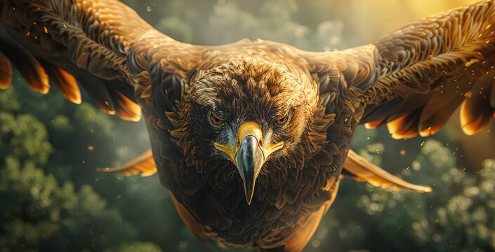 An eagle looks down from the sky, in a sunny forest. Generative AI.