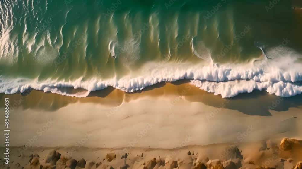 Poster aerial view of waves crashing on sandy beach generative ai