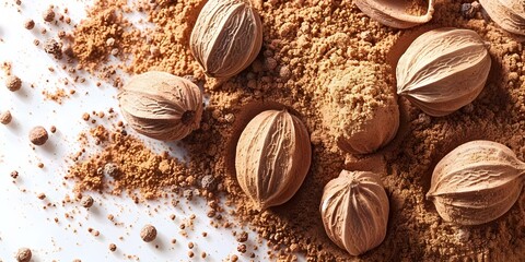 Macro shot of unprocessed nutmeg powder on a white background with clipping path. Concept Food Photography, Macro Shots, White Background, Clipping Path, Unprocessed Nutmeg Powder