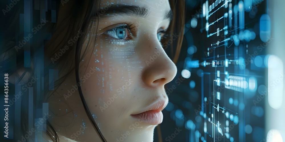 Poster ai humanoid girl neural network processes big data ai brain learns. concept ai ethics, artificial in