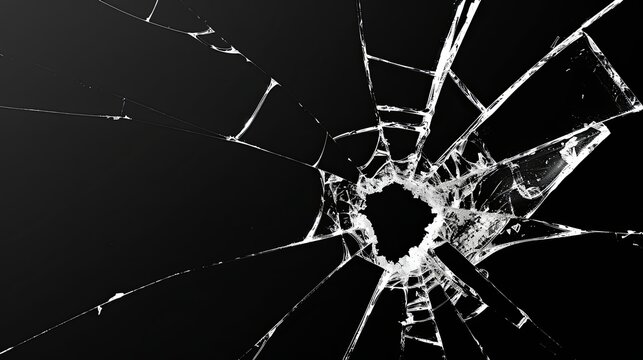 Broken glass on a dark background. After the impact, the glass surface has cracks diverging from the point of impact or bullet hit. The concept of destruction, vulnerability and fragility of existence
