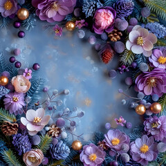 Elegant Christmas wreath featuring a harmonious blend of purple flowers, frosted berries, and golden ornaments.