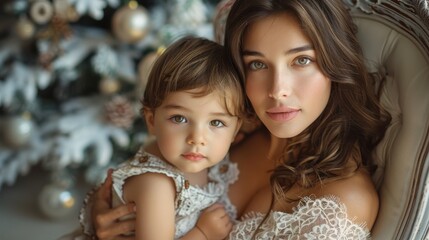 Obraz premium A mother and child sharing a loving gaze while sitting in front of a festive Christmas tree, capturing the essence of familial love, warmth, and the joy of the holiday season.