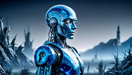 a robot in a city, a Cyber human model, created with generative ai