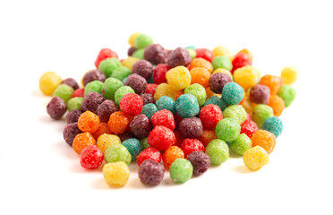Rainbow Colored Ball Fruit Flavored Breakfast Cereal Isolated on a White Background
