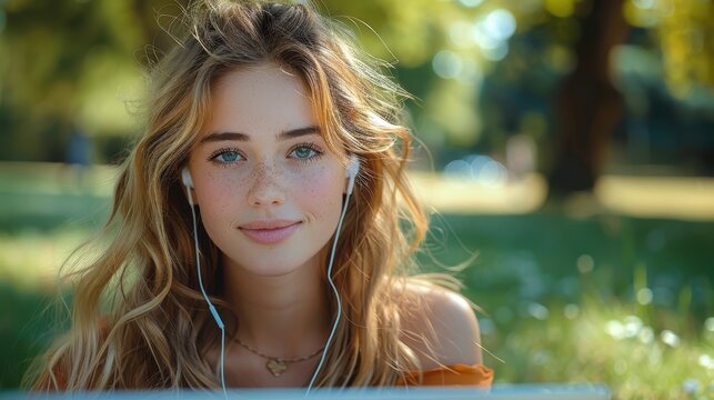 A woman with earbuds in a serene, green outdoor setting, looking content while using her laptop, representing a blend of nature and digital engagement.