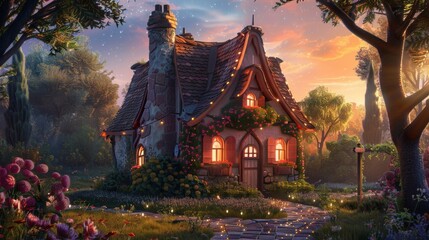 Fototapeta premium Illustration of A whimsical house with a crooked chimney, vibrant shutters, and a twinkling garden path