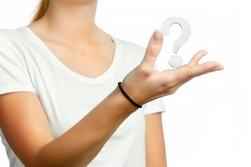 A woman is holding a white question mark in her hand. Concept of curiosity and uncertainty, as the woman is holding the question mark as if it were a symbol of an unanswered question