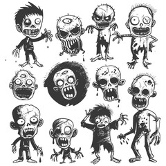 collection set hand drawn doodle cute zombie with engraving style