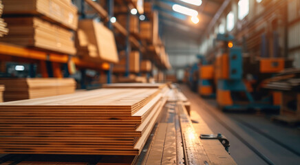 A plywood factory, warm and clean, with CNC machine. Generative AI.