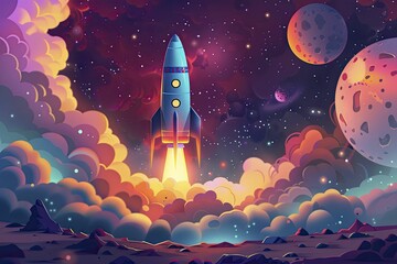 Fototapeta premium A cartoon rocket ship blasts off into space, capturing the whimsical and adventurous spirit of childhood dreams and imaginative exploration in vibrant colors.
