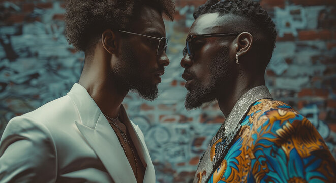Two men engage in a fashion competition. Generative AI.