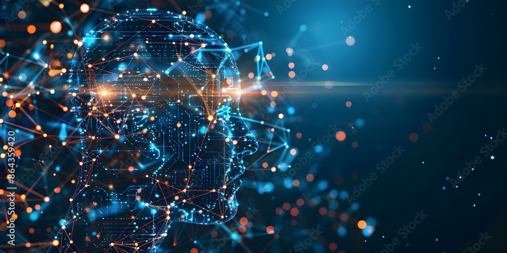 Poster human head connected to electronic circuits depicting brain and technology integration. concept brai
