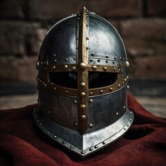 Medieval knight helmet on wooden surface.