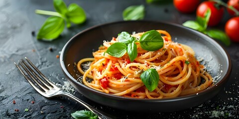 Spaghetti with Tomato Sauce and Basil on Black Table with Fork. Concept Italian Cuisine, Food Photography, Pasta Dishes, Cooking Inspiration, Culinary Creativity