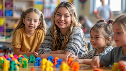 A smiling woman surrounded by children engaged in a play session in a vibrant learning environment, reflecting joy, energy, and interactive educational engagement.
