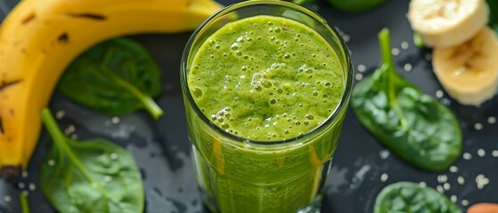 Obraz premium Green smoothie with banana and spinach on dark background, Almond milk smoothie with spinach and banana, almond milk smoothie, spinach, banana, Nutritious drink.