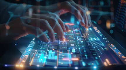 Fototapeta premium Digital Wizardry Hands on Holographic Keyboard Transforming Financial Data into Actionable Insights