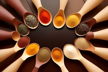 Assorted Seasonings in Cups on Wooden Table Against White Background
