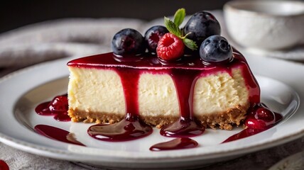Cheesecake with fresh berries on wooden table. Selective focus.