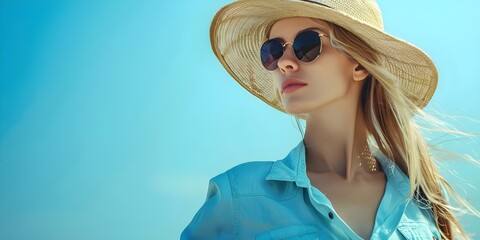 Fototapeta premium Stylish Portrait of a Blonde Fashion Model in Sunglasses, Sunhat, and Blue Shirt. Concept Fashion Photography, Portrait, Blonde Model, Sunglasses, Sunhat