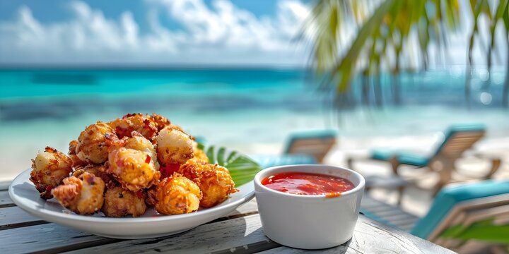 Caribbean fried conch fritters with spicy sauce on a tropical beach table. Concept Caribbean cuisine, Conch fritters recipe, Spicy sauce, Beach table setting, Tropical flavors