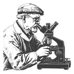 elderly man scientists looking through microscope with engraving style