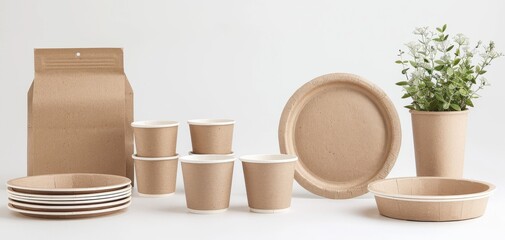 Eco-friendly disposable brown paper cups, plates, and bowls set with a plant, perfect for sustainable dining and events.