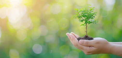 hands holding a small tree seedling against a blurred green background, symbolizing growth, environment, and sustainability. emphasizing the care and preservation of natural resources.