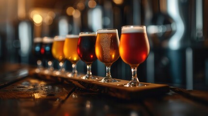 A craft beer flight sampler featuring a variety of beers in different glasses