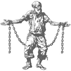 elderly man slave with shackle with engraving style
