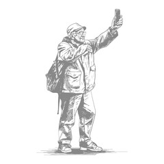 Fototapeta premium elderly man taking selfie photo on smartphone with poses