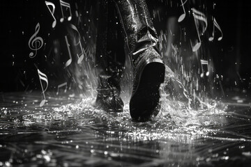 Obraz premium Dynamic shot of a tap dancerâ€™s feet, with musical notes swirling around them,