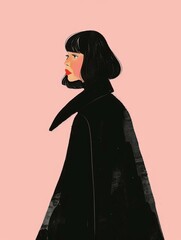 Naklejka premium A digital illustration of a woman with black hair and red lips wearing a black coat. The background is a pale pink