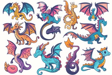 Obraz premium Funny dragons doodle set, cartoon dino, graphic dinosaurs isolated, monster animals