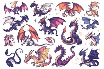 Funny dragons doodle set, cartoon dino, graphic dinosaurs isolated, monster animals