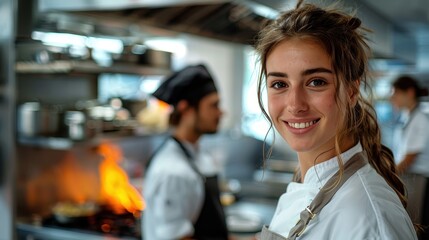A female chef smiles in the foreground while a male chef works in the background of a busy kitchen, highlighting the dynamic and collaborative environment of professional cooking.