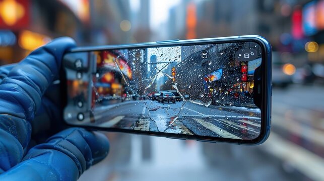 A gloved hand holding a smartphone capturing the rain-soaked city street and traffic, representing modern life, technology, and the intersection of urban and digital realities. - Powered by Adobe