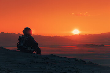 Minimalist silhouette of a rover exploring a distant planet,