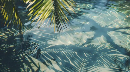 Palm tree shadows on clear blue water, tranquil scene. Nature and relaxation concept