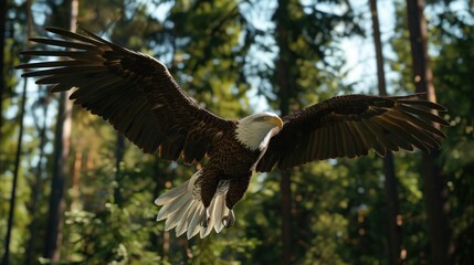 Obraz premium Bald Eagle in Flight Through Forest