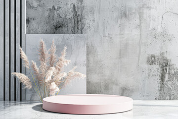 A pink pedestal with a white base and a white wall behind it
