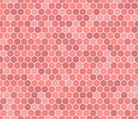 Honeycomb hexagons background. Rounded stacked hexagons mosaic pattern. Red color tones. Hexagon geometric shapes. Seamless pattern. Tileable vector illustration.
