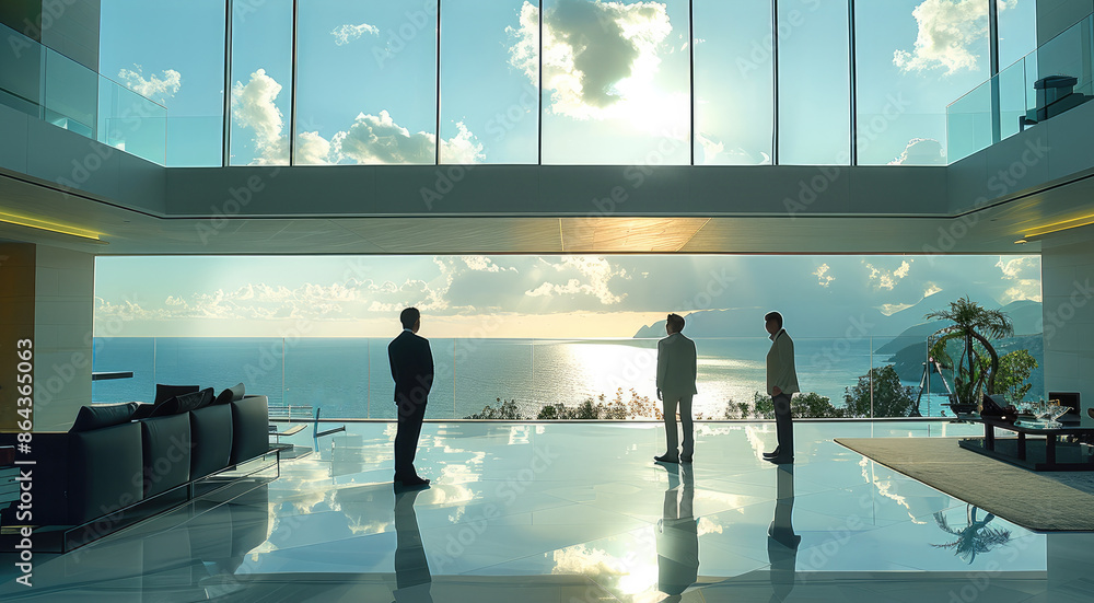 Poster several modern chinese men in formal attire in front of the floor-to-ceiling glass in the living roo